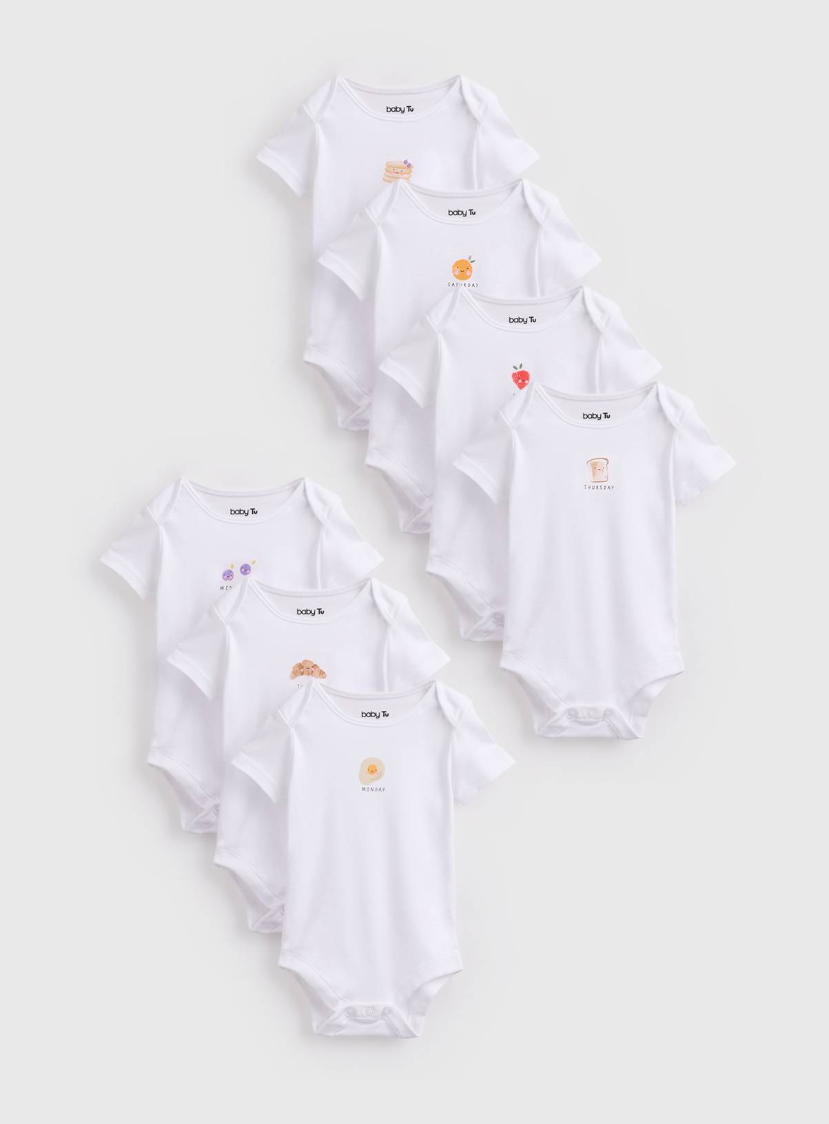 White Weekdays Print Bodysuits 7 Pack 12-18 months - Image 1