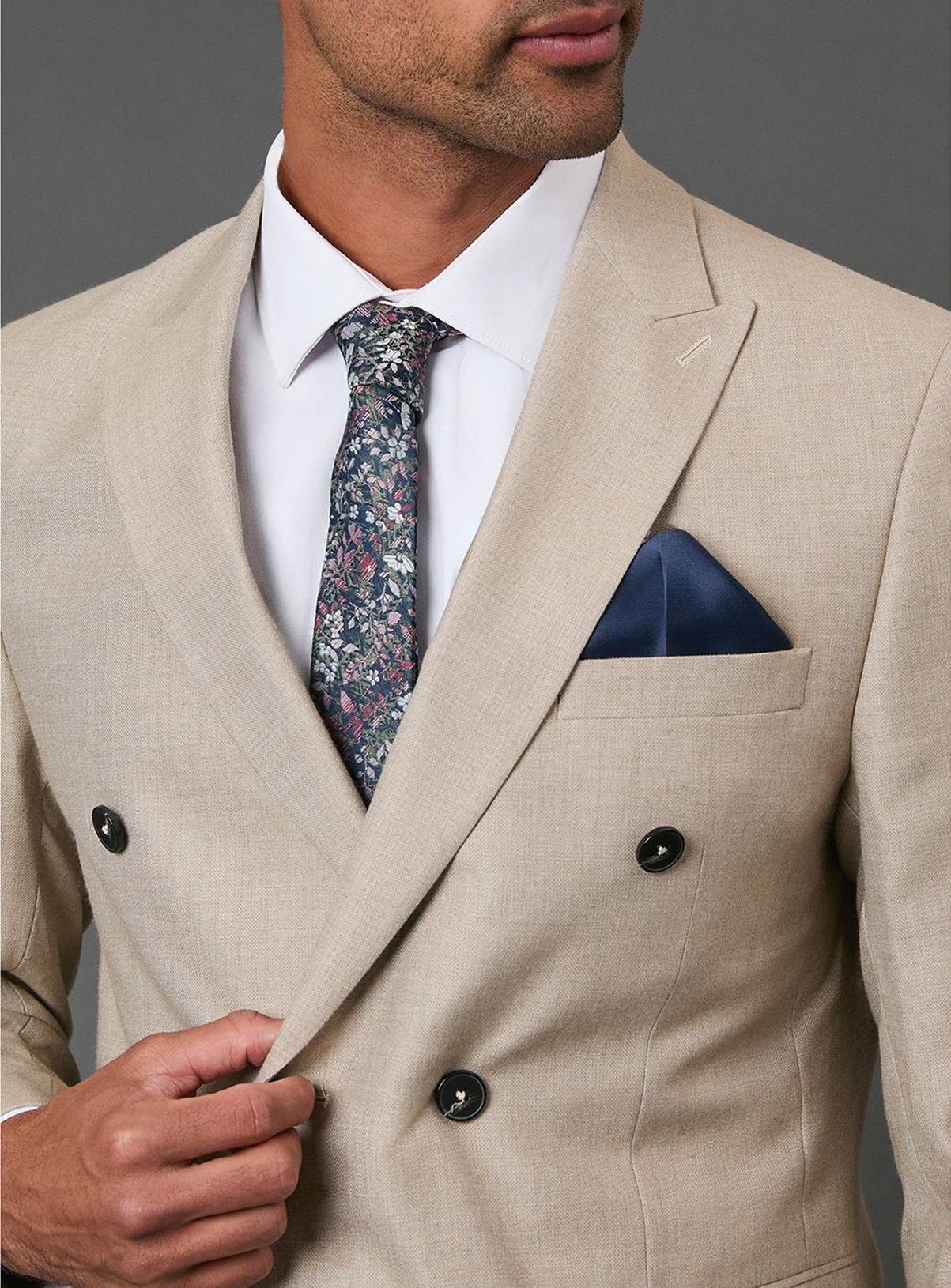 BURTON Navy Floral Print Tie and Plain Pocket Square One Size - Image 2
