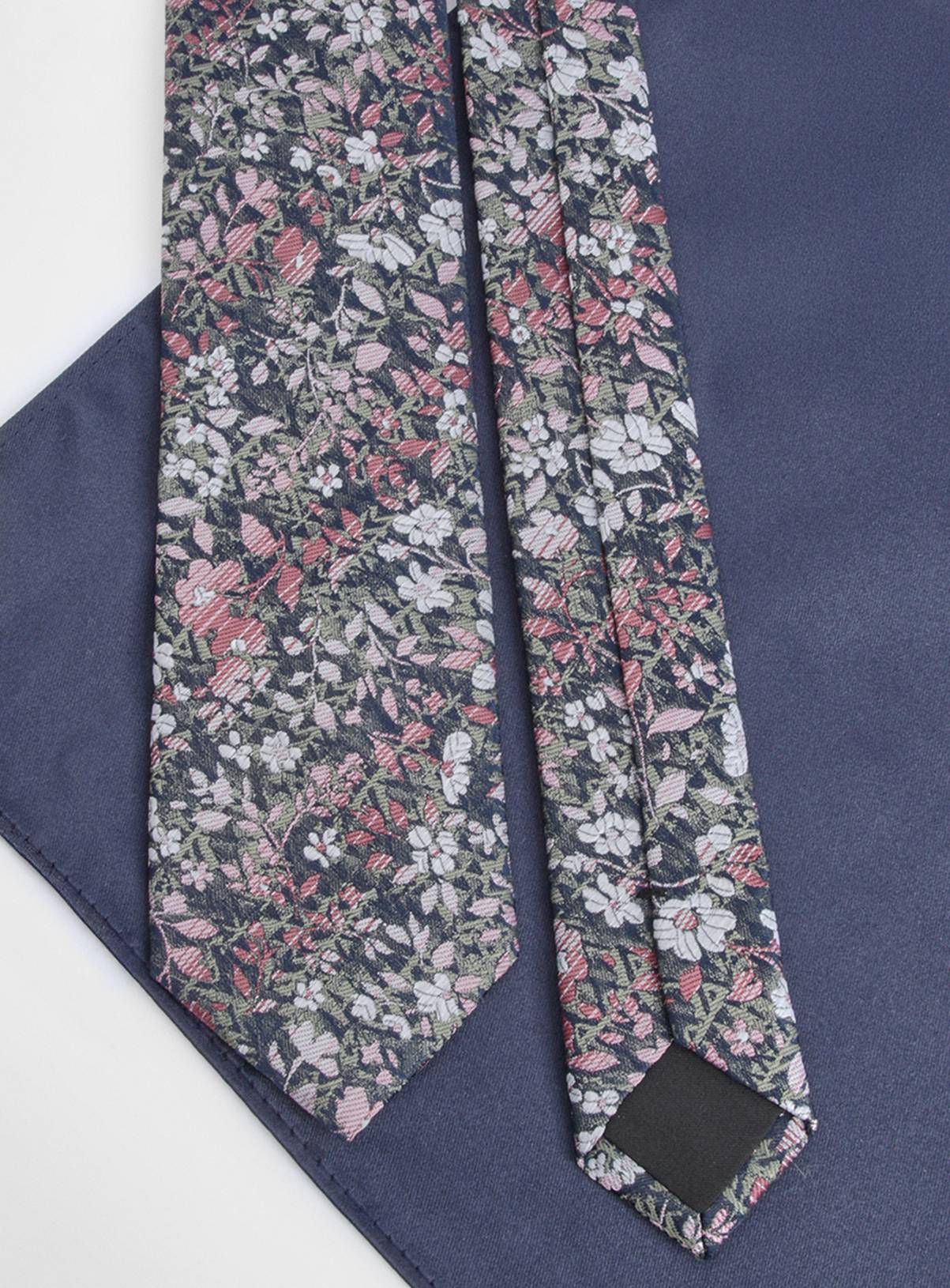 BURTON Navy Floral Print Tie and Plain Pocket Square One Size - Image 3