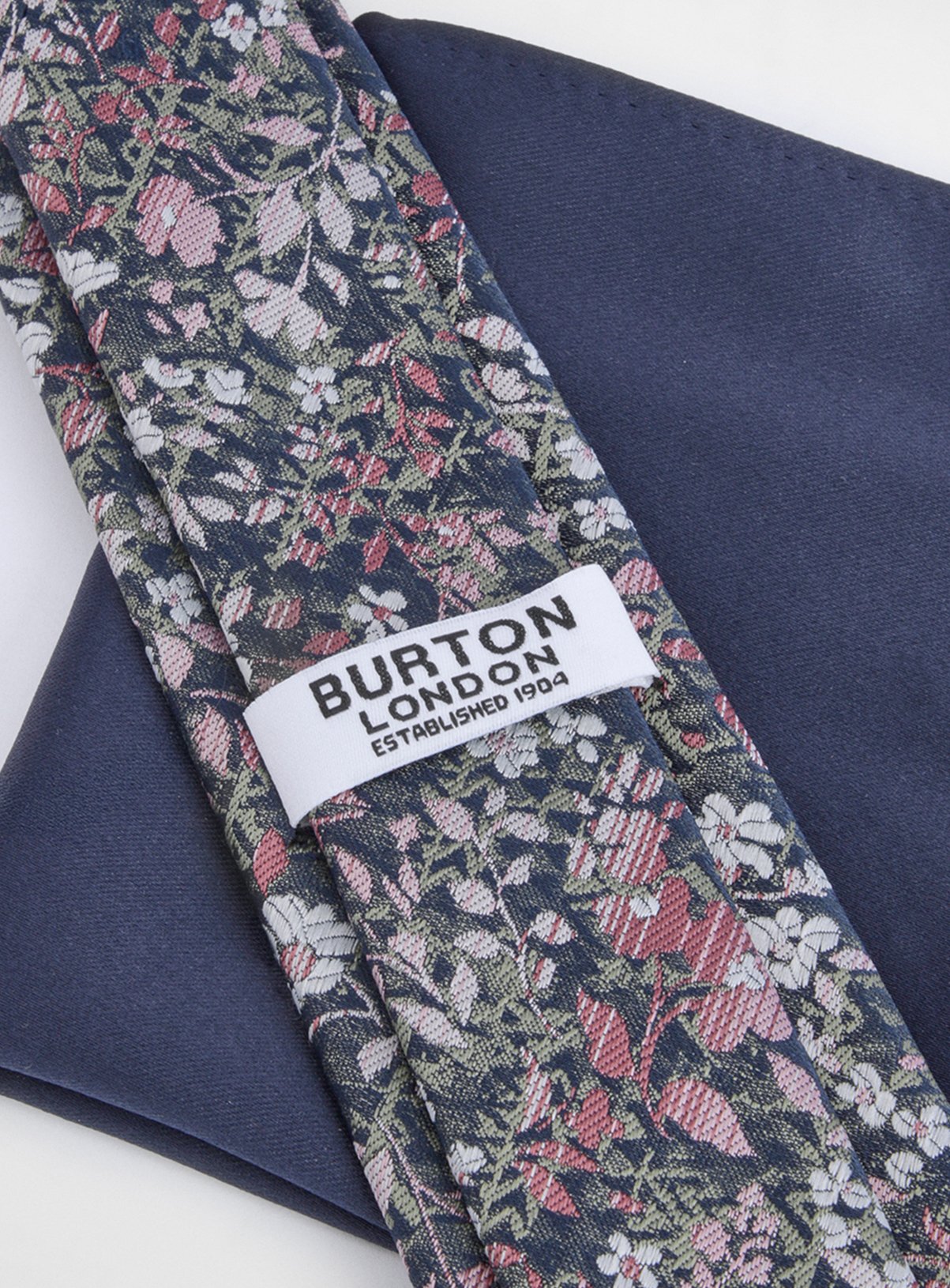 BURTON Navy Floral Print Tie and Plain Pocket Square One Size - Image 4 thumbnail