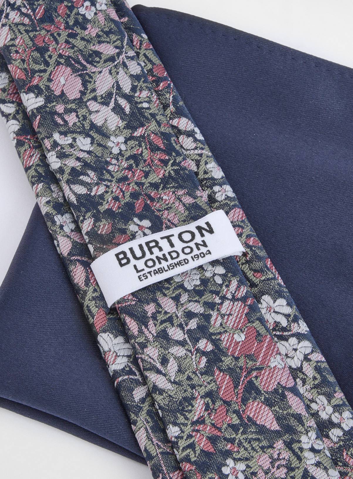 BURTON Navy Floral Print Tie and Plain Pocket Square One Size - Image 4