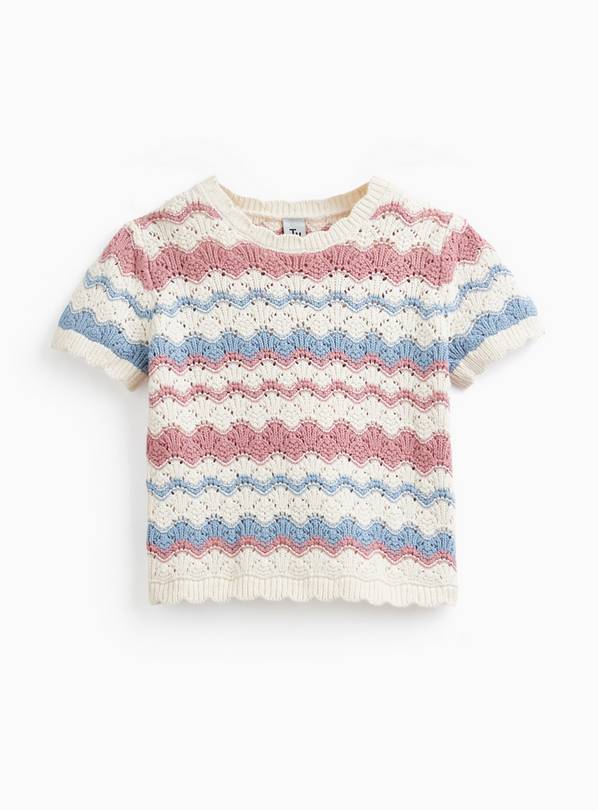 Cream Crochet Wave Stripe Short Sleeve Jumper 1-2 years