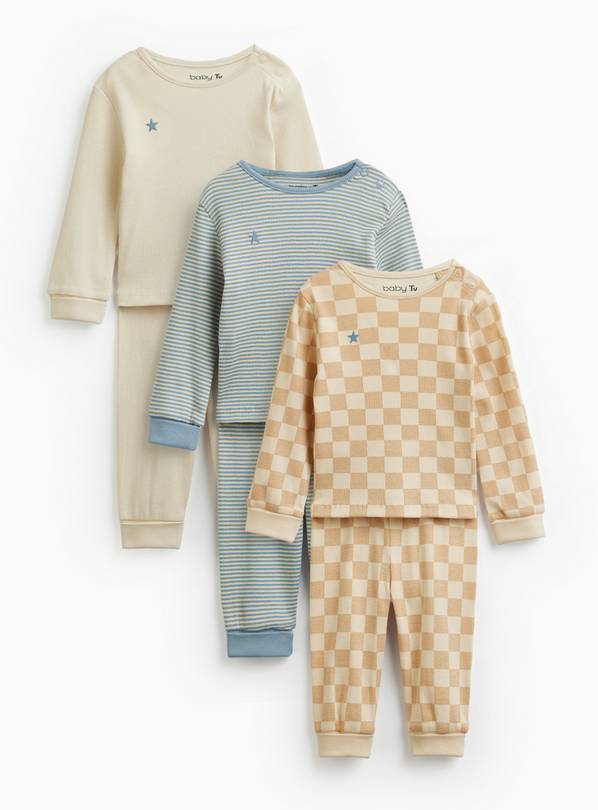 Beige & Blue Patterned Pyjama Sets 3 Pack 12-18 months