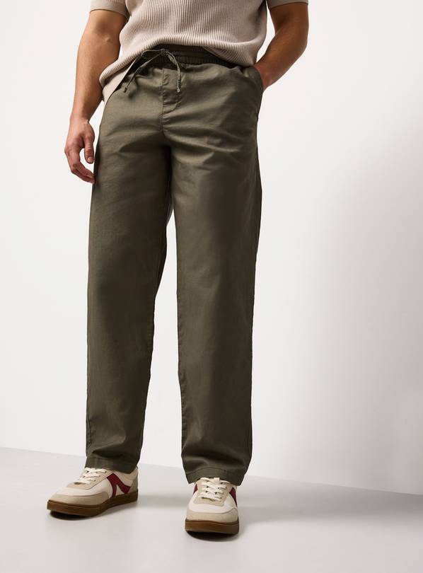 Khaki Straight Leg Linen Trousers 34S