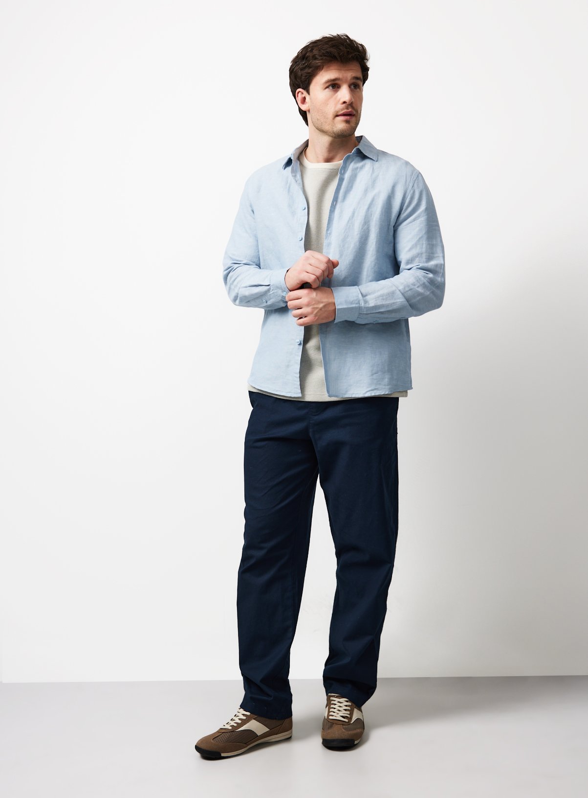 Navy Straight Leg Linen Blend Trousers 44L - Image 2 thumbnail