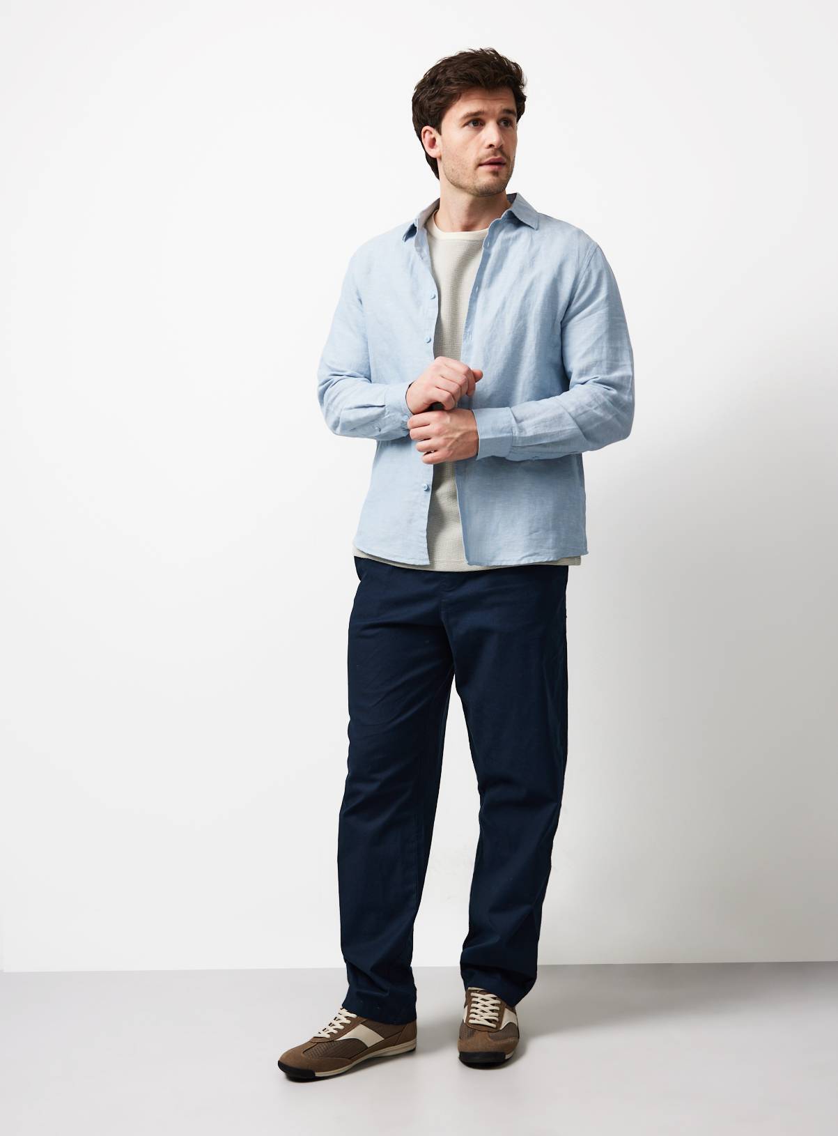 Navy Straight Leg Linen Blend Trousers 44L - Image 2