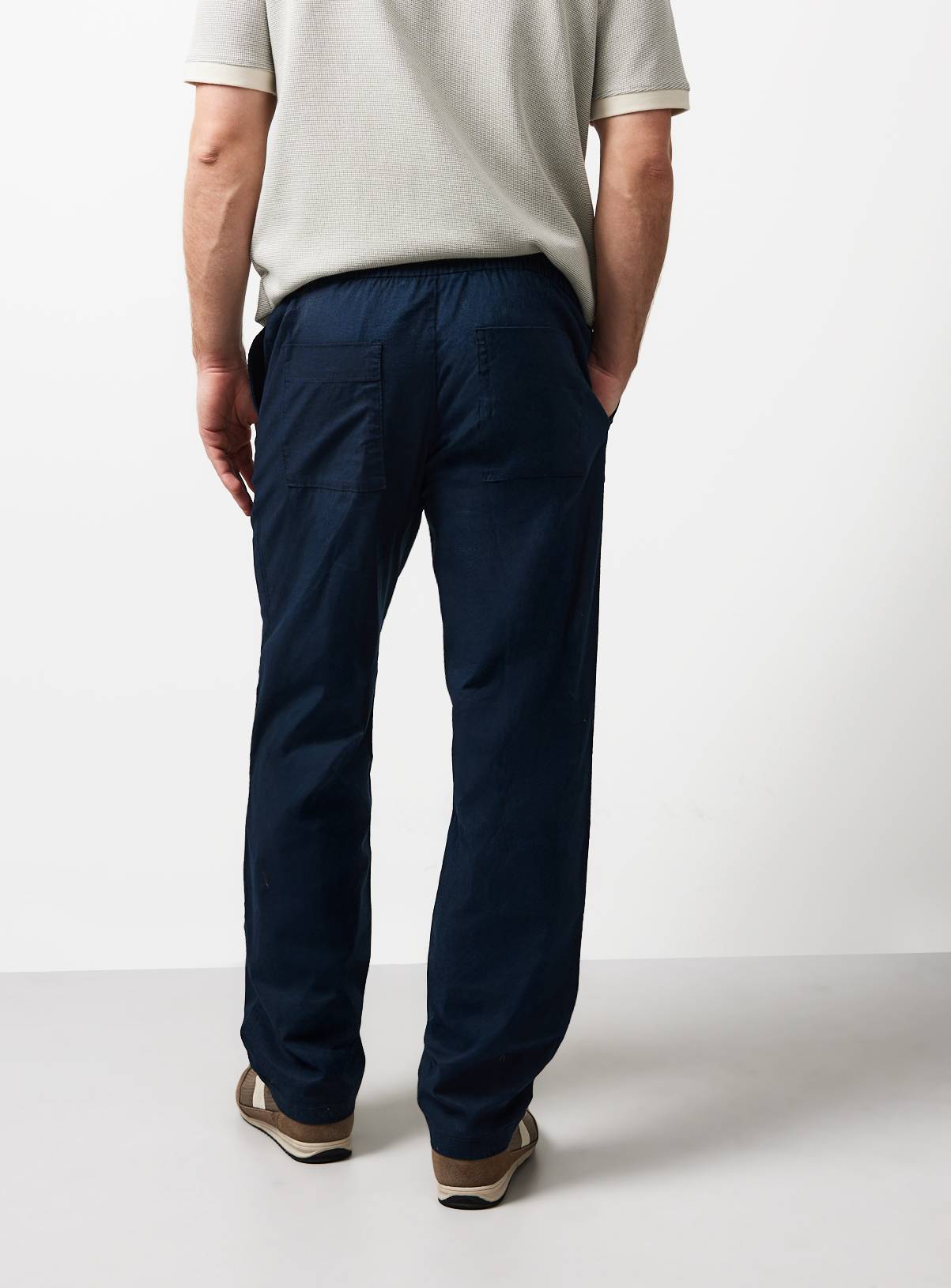 Navy Straight Leg Linen Blend Trousers 44L - Image 5