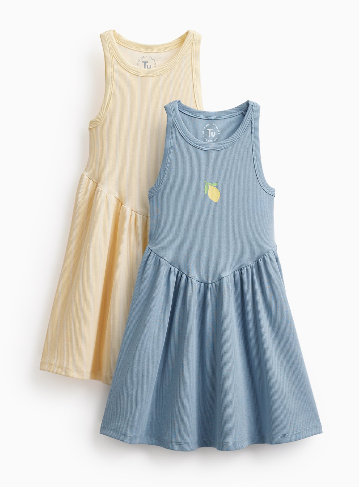 Blue & Yellow Stripe Ribbed Sleeveless Dresses 2 Pack 8 years - Image 1 thumbnail