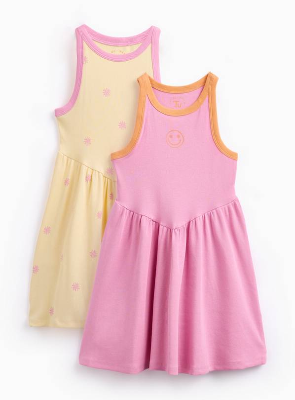 Pink & Yellow Patterned Ribbed Sleeveless Dresses 2 Pack 10 years
