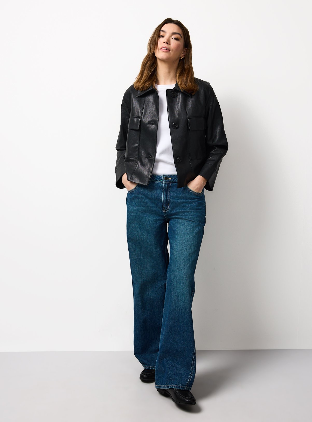 Black PU Leather Bomber Style Collared Jacket S - Image 2 thumbnail