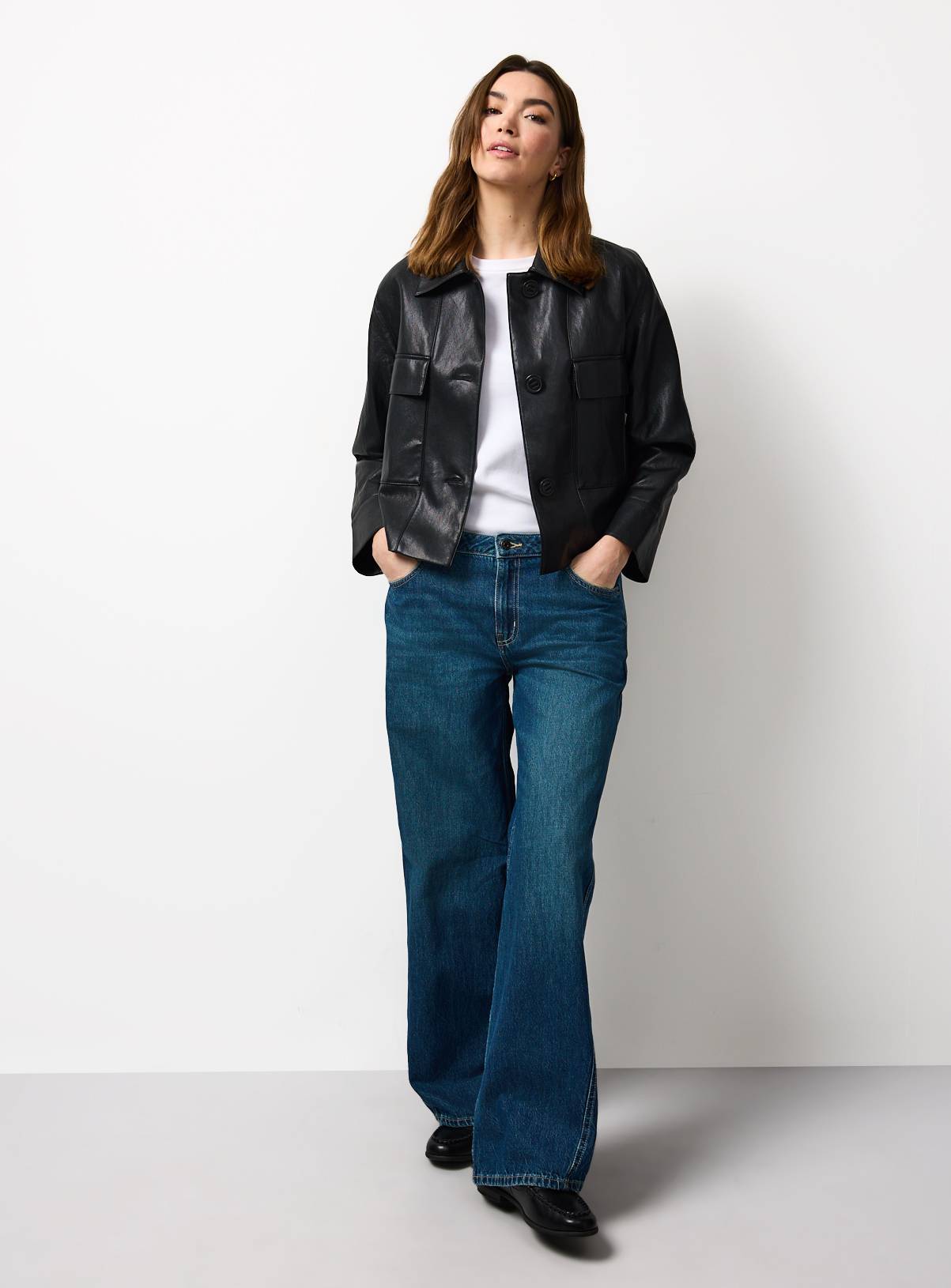 Black PU Leather Bomber Style Collared Jacket S - Image 2
