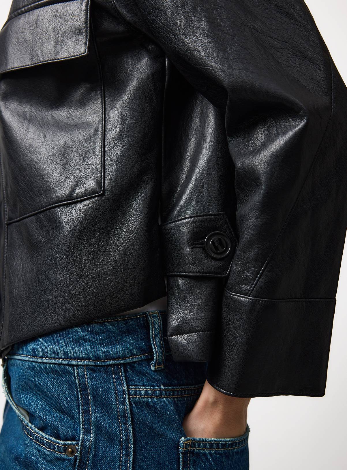 Black PU Leather Bomber Style Collared Jacket S - Image 3