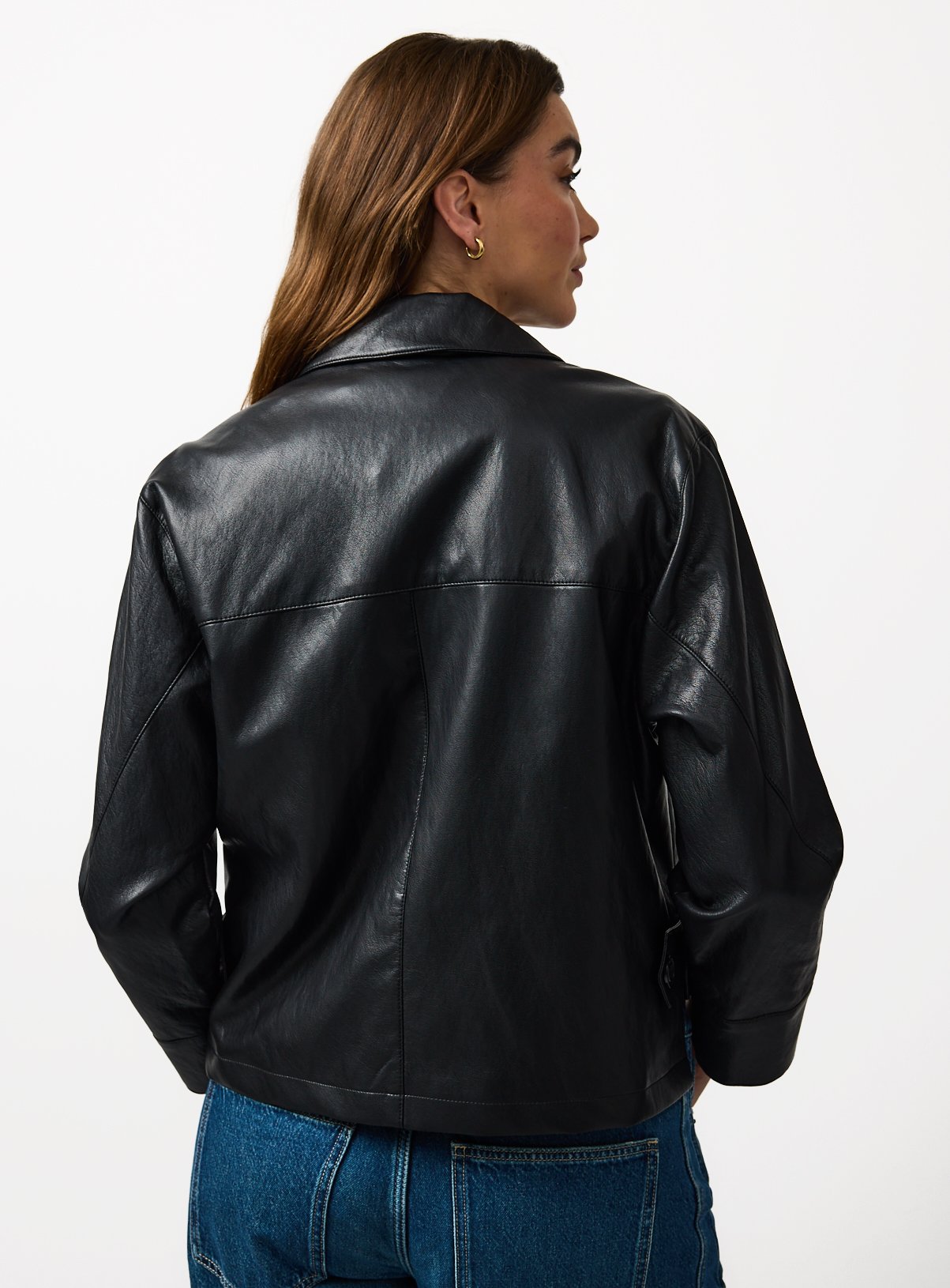 Black PU Leather Bomber Style Collared Jacket S - Image 4 thumbnail