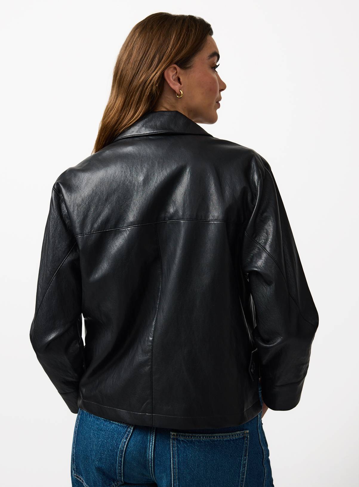Black PU Leather Bomber Style Collared Jacket S - Image 4