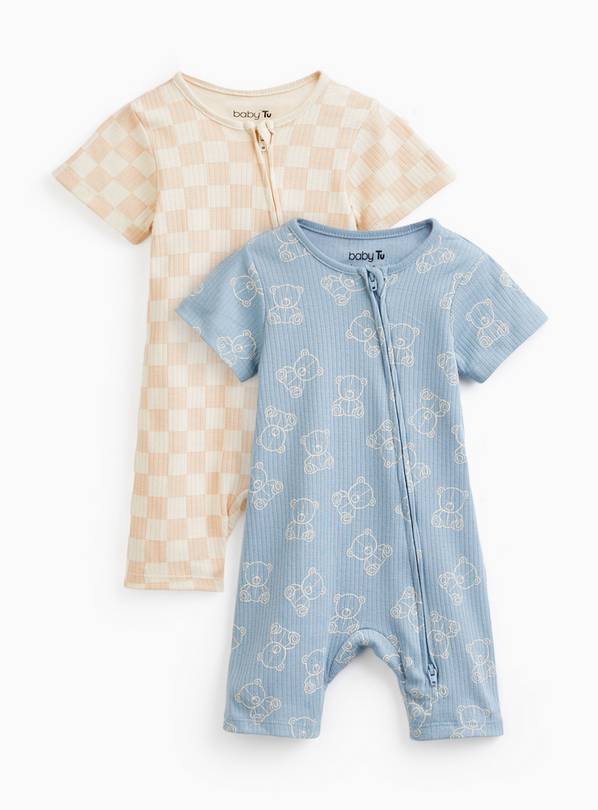 Blue Bear & Checkerboard Print Romper 2 Pack Up to 1 mth