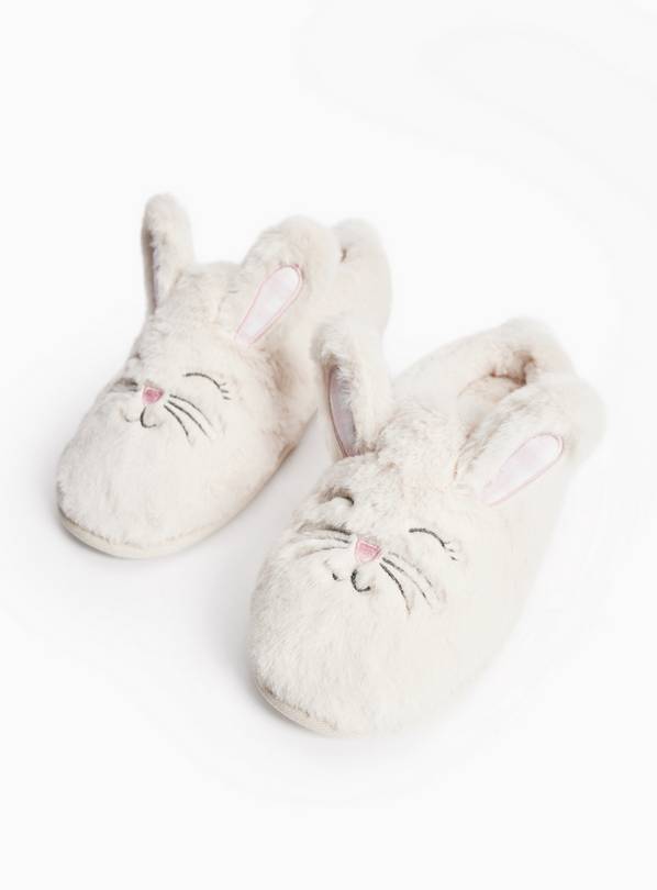 Beige Bunny Detail Faux Fur Mule Slippers M