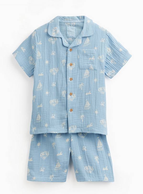 Blue Surf Print Double Cloth Shortie Traditional Pyjamas 11-12 years