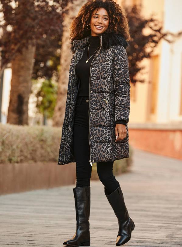 SOSANDAR Brown Leopard Print Faux Fur Trim Padded Coat 10