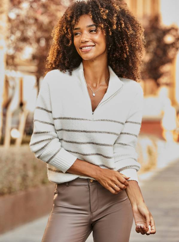 SOSANDAR Ivory & Neutral Stripe Quarter Zip Jumper L