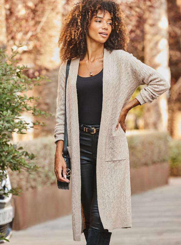 SOSANDAR Camel Cable Knit Longline Cardigan L
