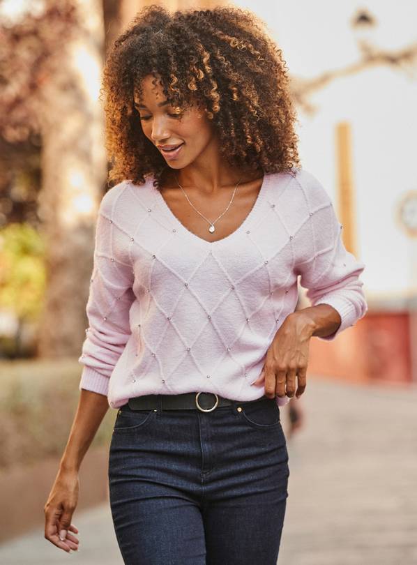 SOSANDAR Soft Pink Pointelle Embellished Jumper L