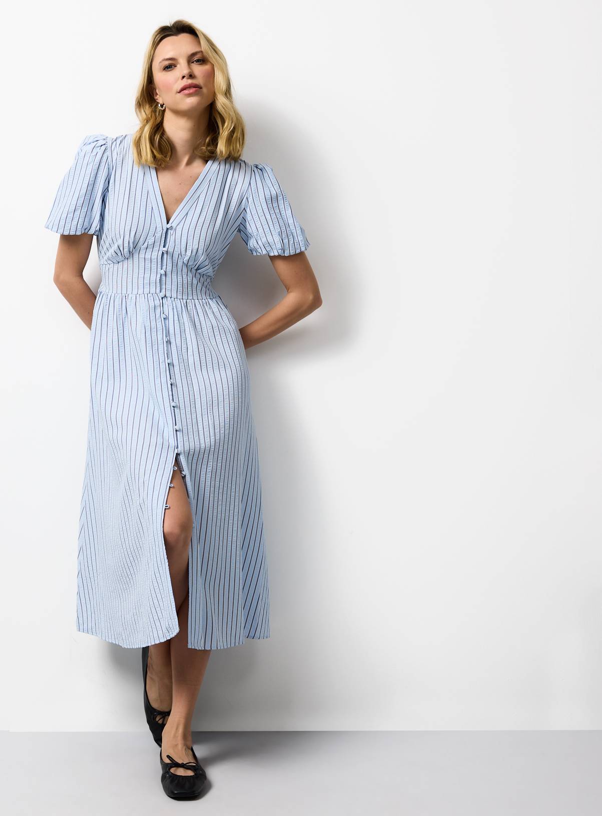 Blue V-Neck Striped Midaxi Tea Dress 14 - Image 1