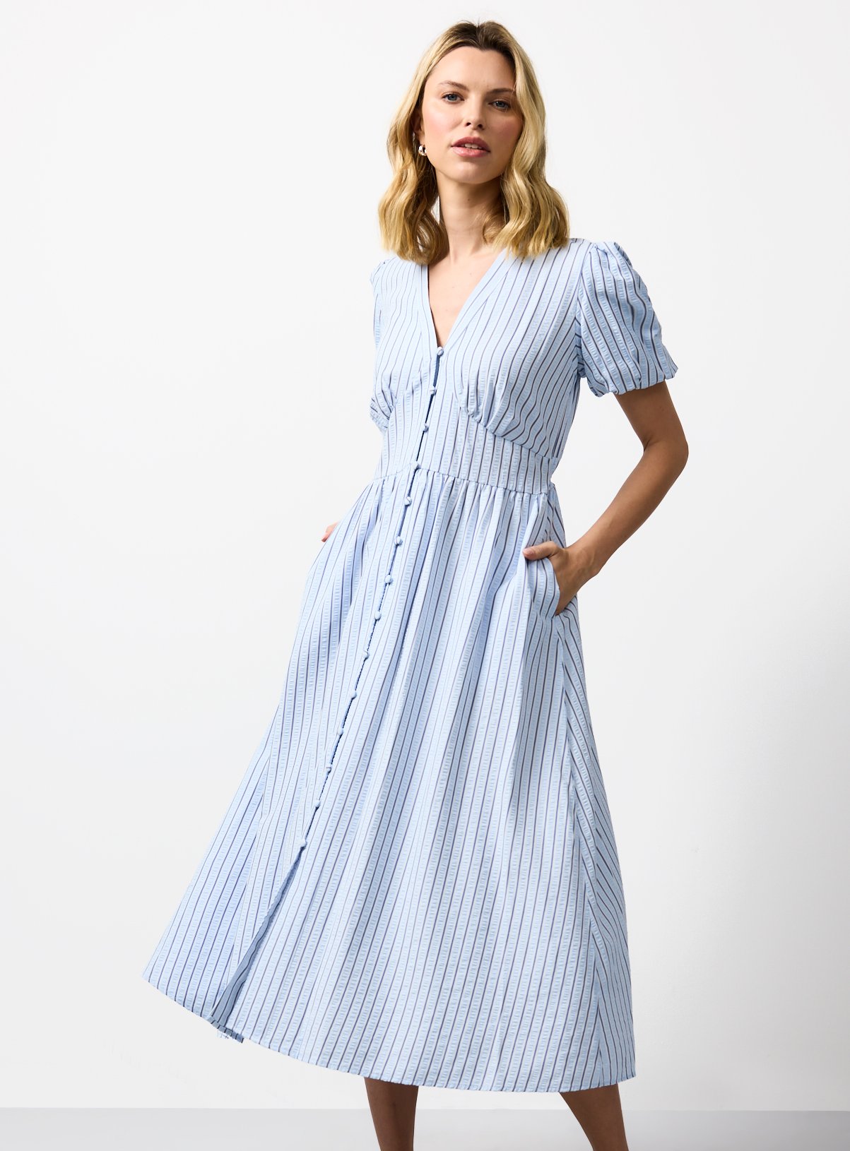 Blue V-Neck Striped Midaxi Tea Dress 14 - Image 3 thumbnail