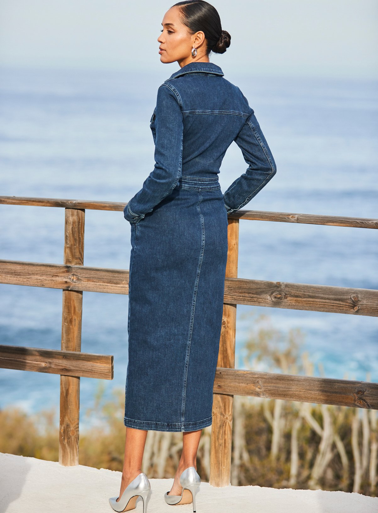 sachin and babi light blue dress Denim Dress for Women Long Sleeve Lapel Shirt Empire Waist A-Line Mid-Calf  Vintage Slim Fit Autumn Winter 0806