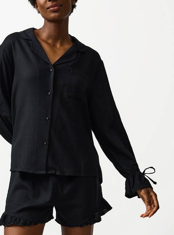 Black Linen Blend Frill Sleeve Shortie Traditional Pyjamas 16