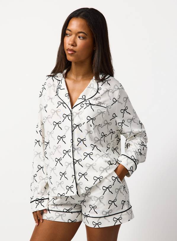 White Bow Print Modal Traditional Shortie Pyjamas XS