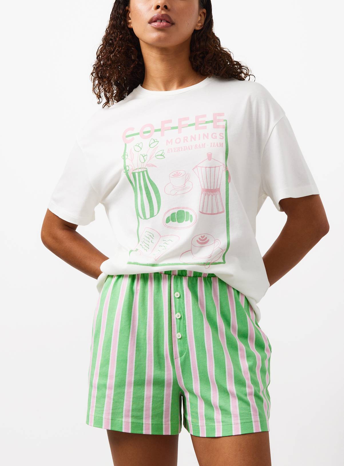 Green & Pink Stripe Pyjama Shorts L - Image 1