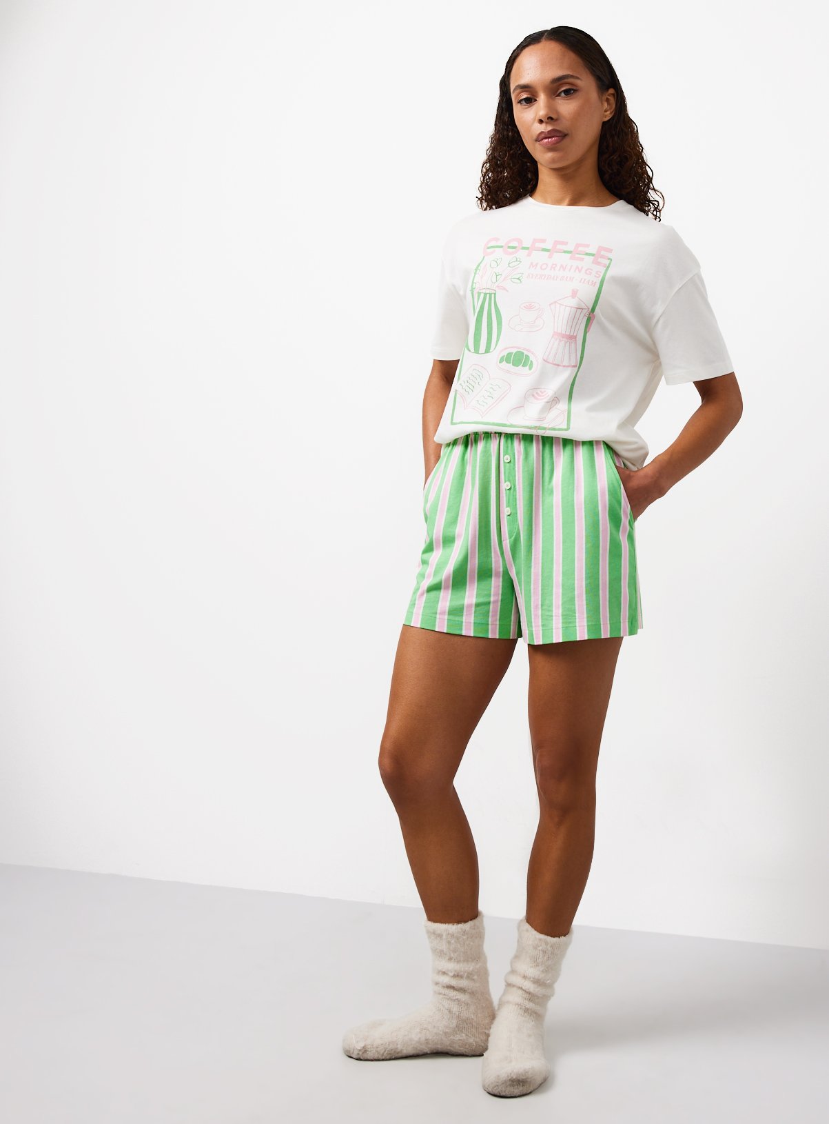 Green & Pink Stripe Pyjama Shorts L - Image 2 thumbnail