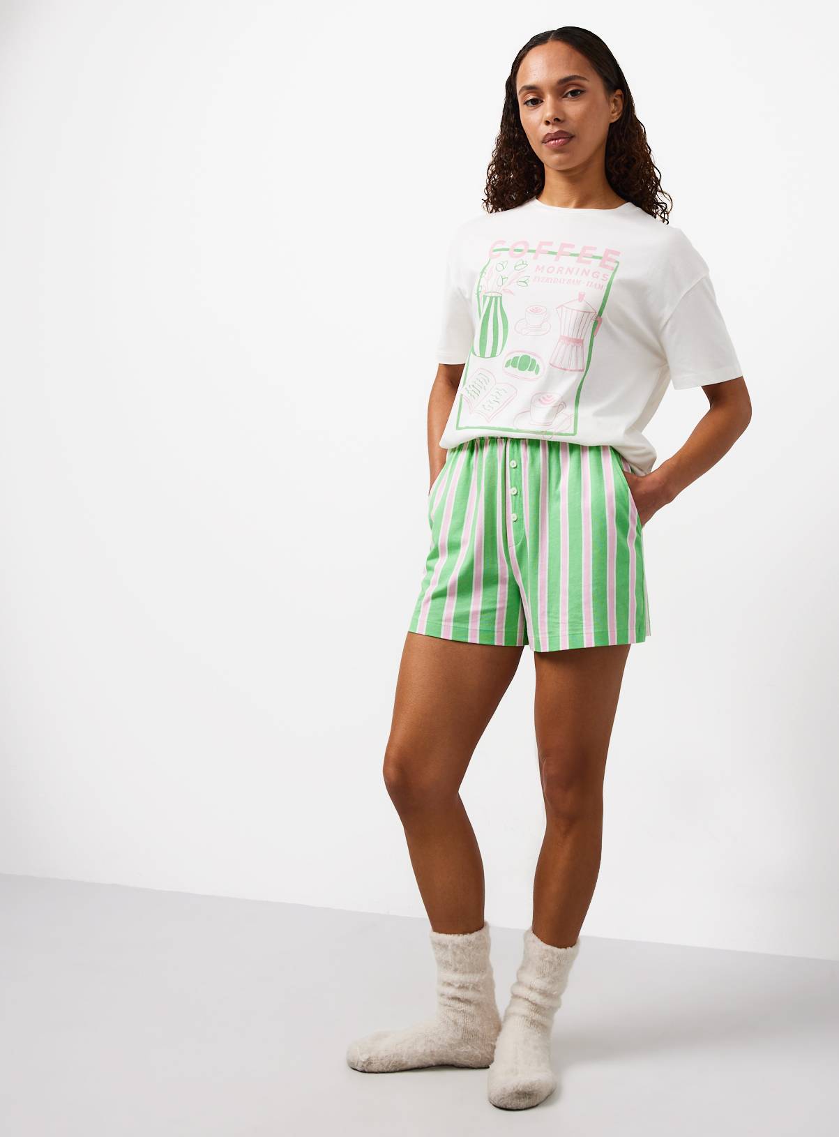 Green & Pink Stripe Pyjama Shorts L - Image 2