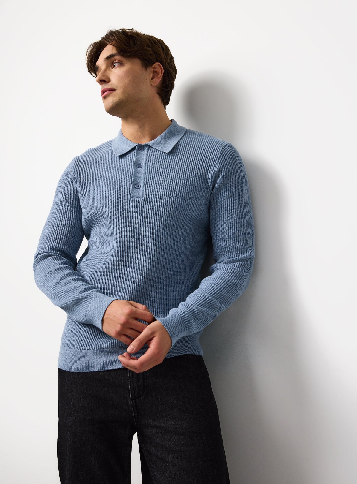 Blue Long Sleeve Ribbed Polo XXXL - Image 1 thumbnail