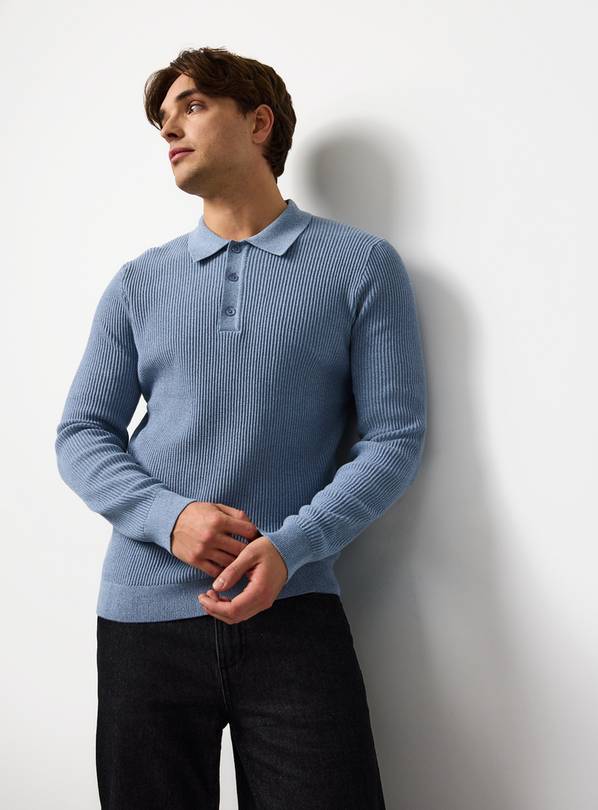 Blue Long Sleeve Ribbed Polo S