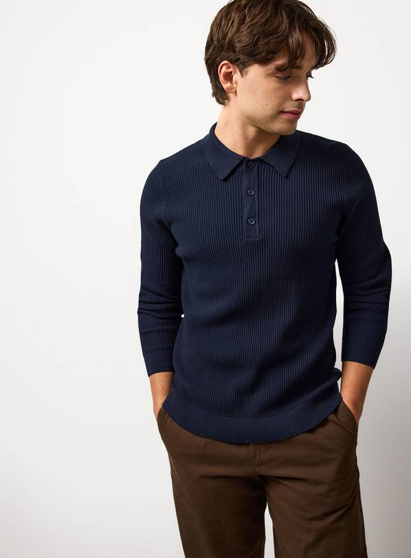 Navy Long Sleeve Ribbed Polo L