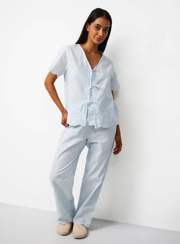 Blue Tie Front Broderie Detail Pyjama Set 14
