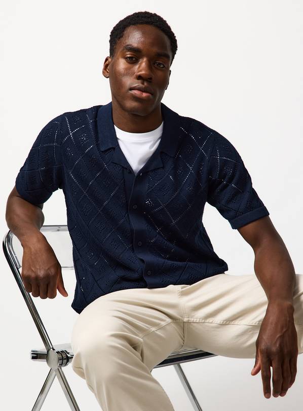 Navy Diamond Print Pointelle Button Through Polo S