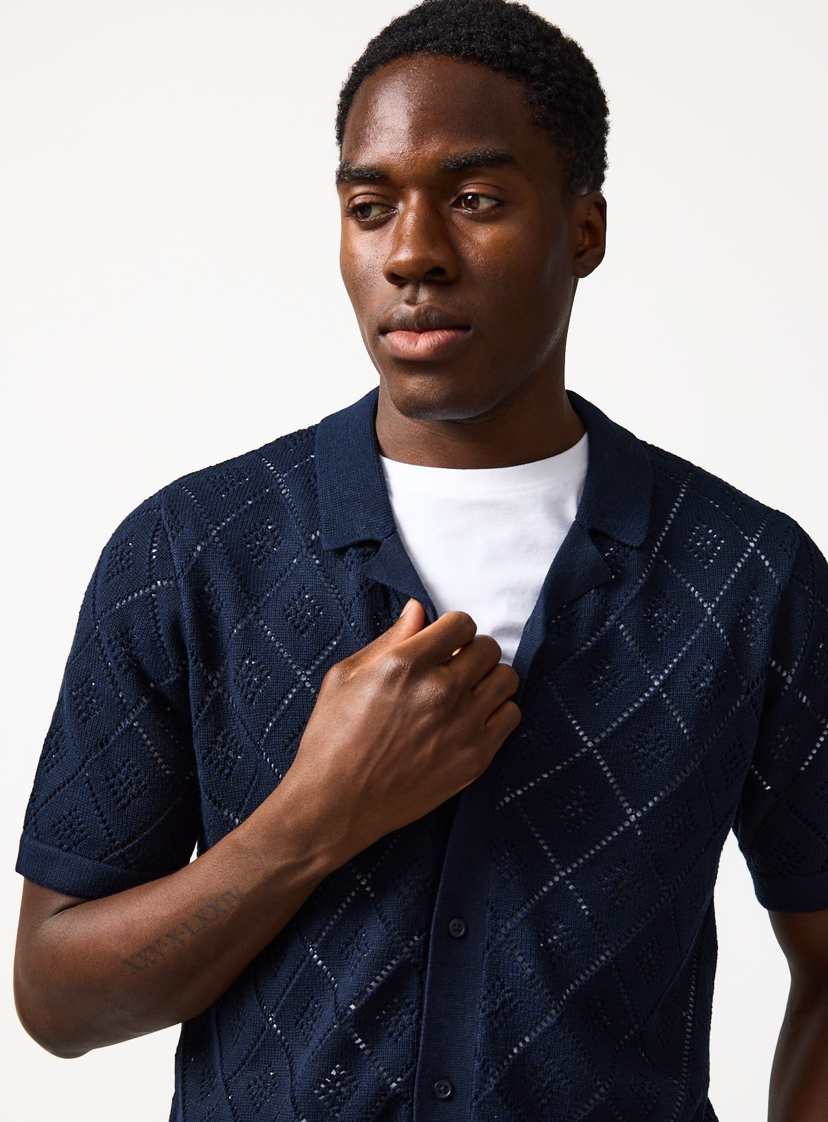 Navy Diamond Print Pointelle Button Through Polo XXXL - Image 2 thumbnail