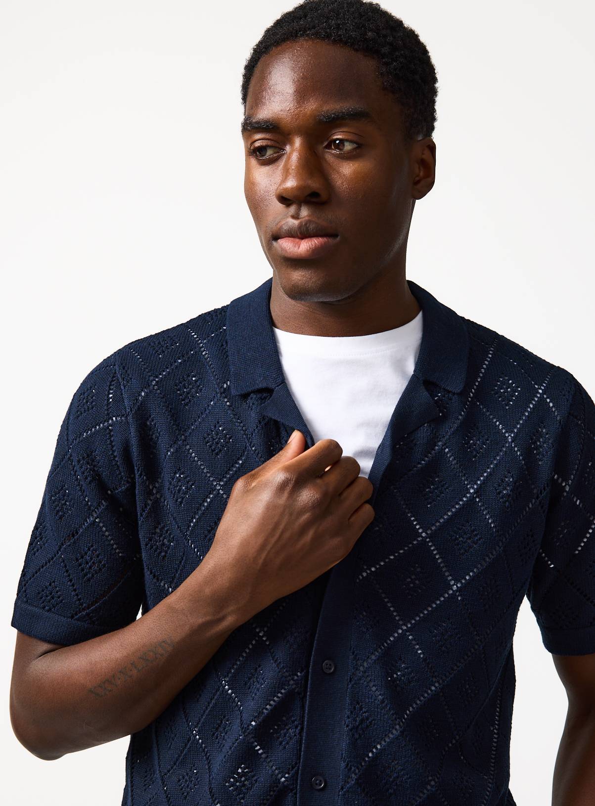 Navy Diamond Print Pointelle Button Through Polo XXXL - Image 2