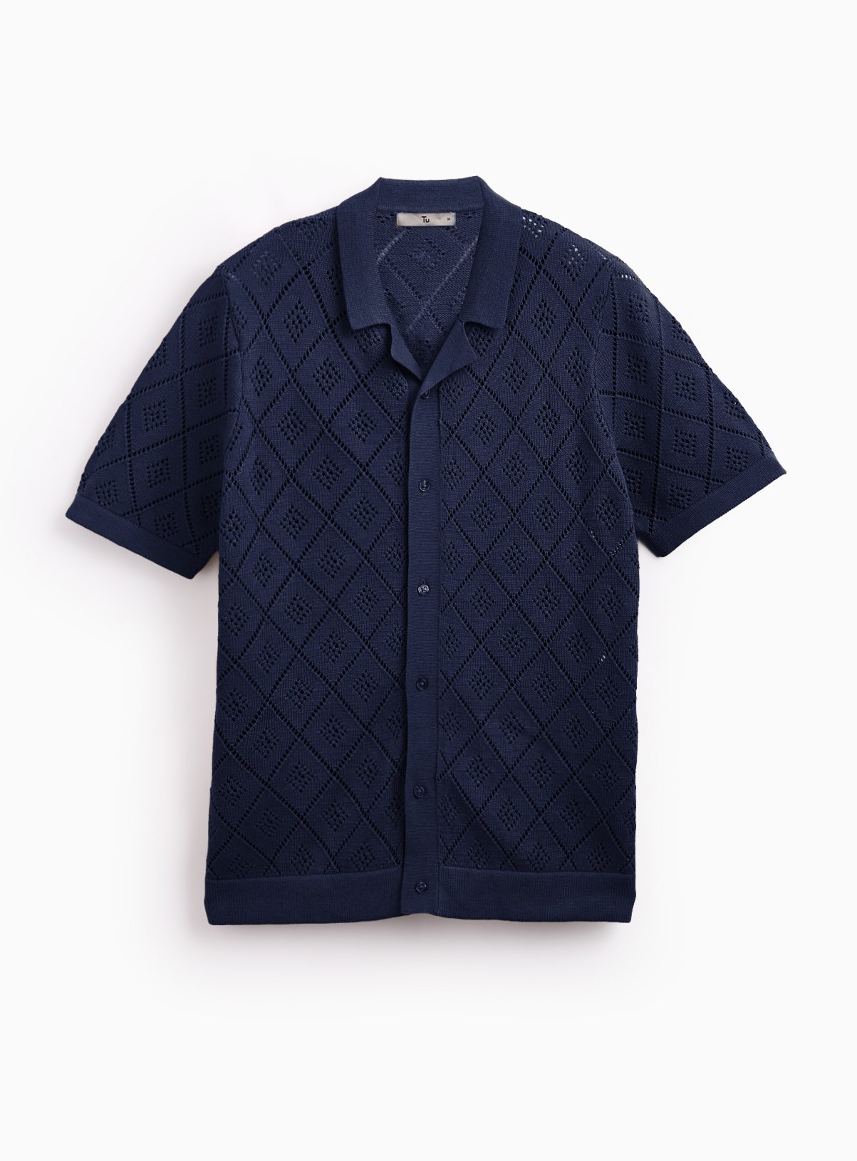 Navy Diamond Print Pointelle Button Through Polo XXXL - Image 3 thumbnail