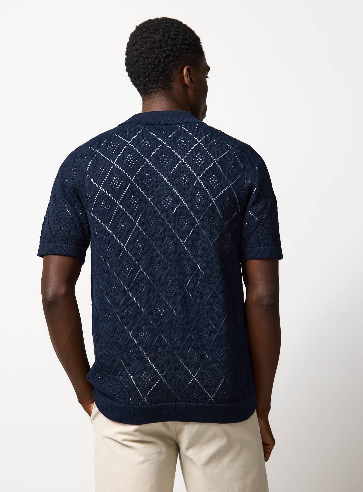 Navy Diamond Print Pointelle Button Through Polo XXXL - Image 5