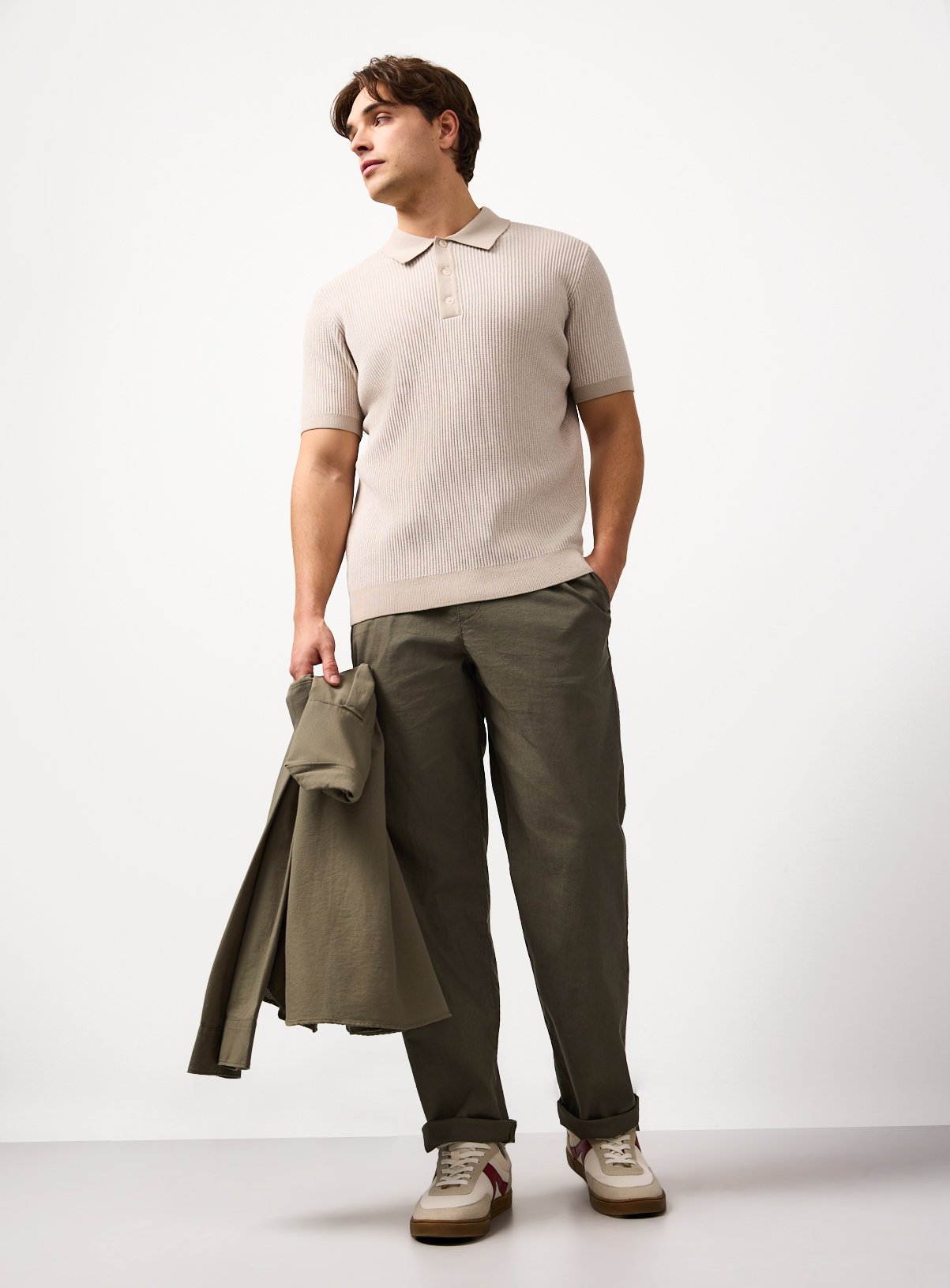 Stone Ribbed Polo Shirt S - Image 2 thumbnail