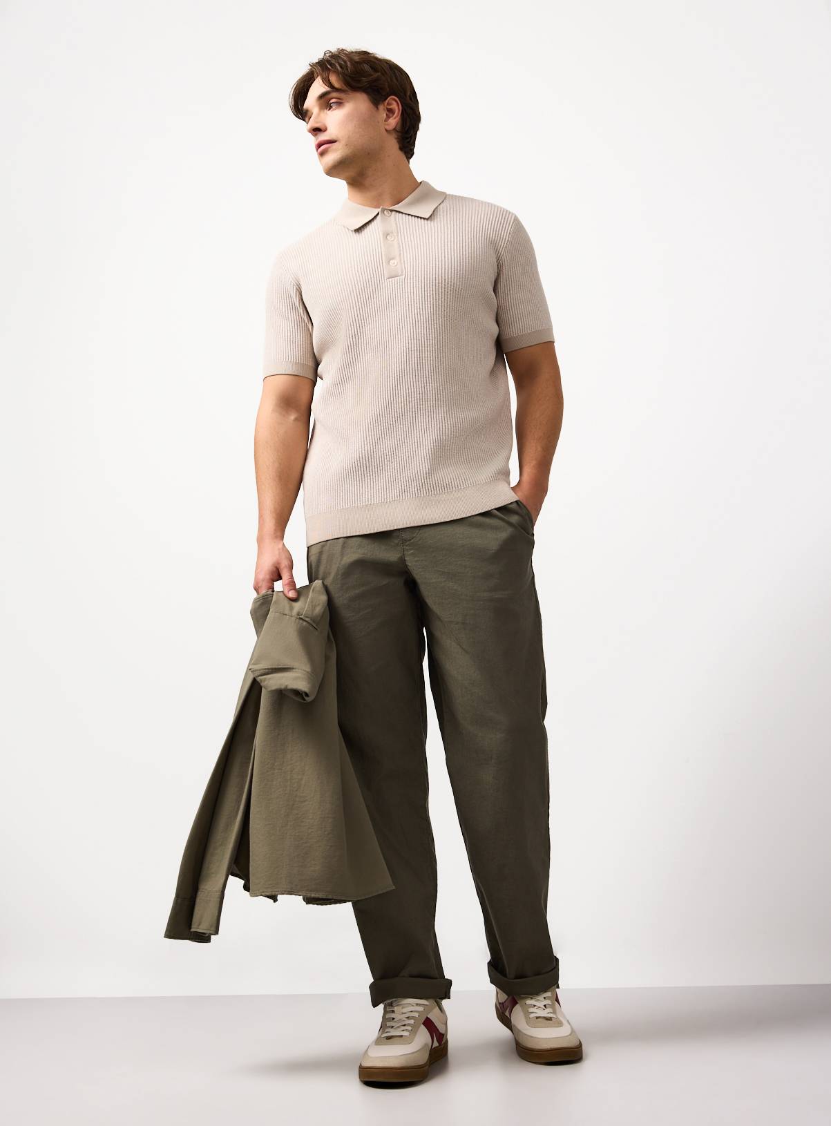 Stone Ribbed Polo Shirt S - Image 2