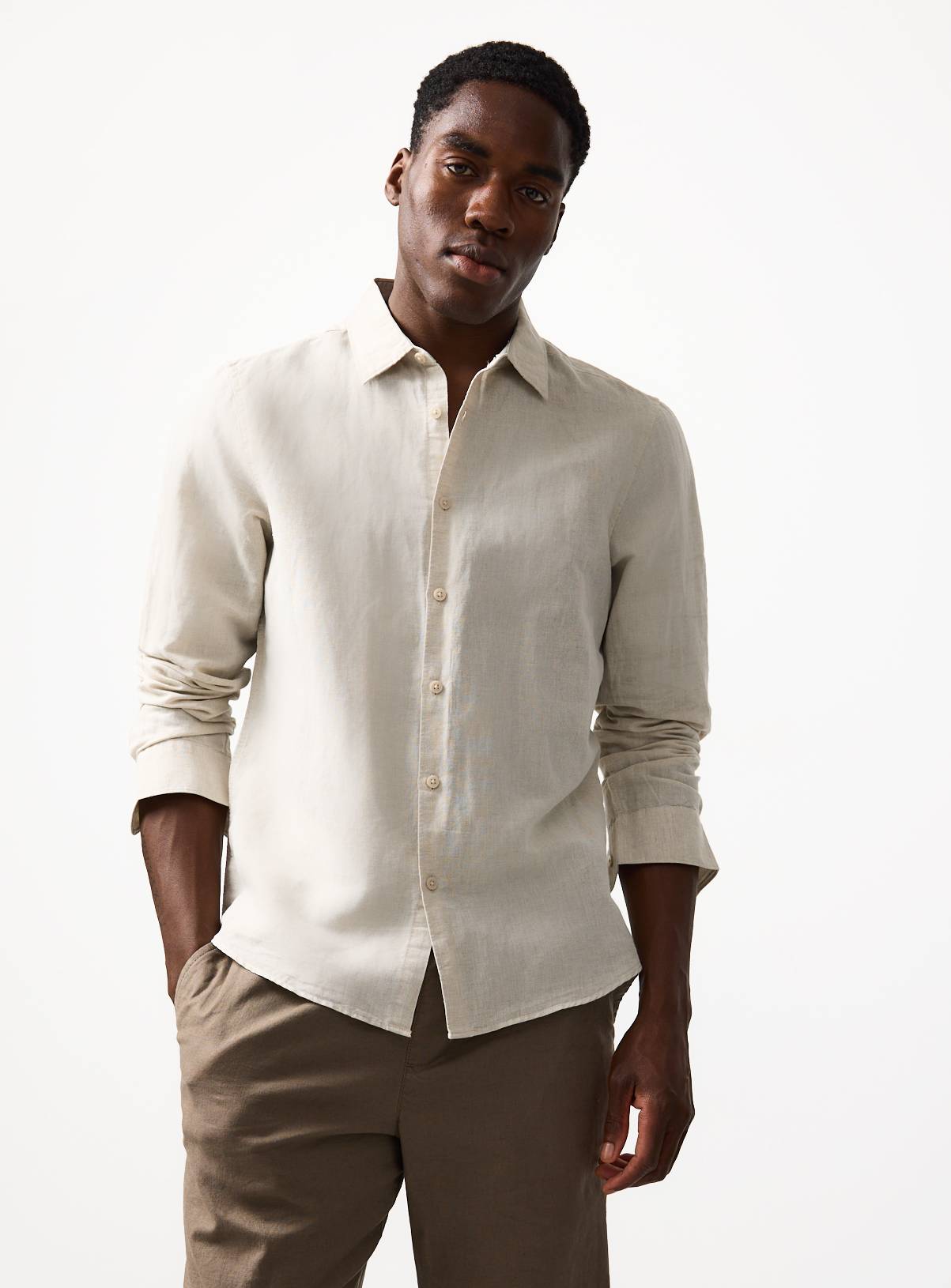 Stone Linen Blend Long Sleeve Button Up Shirt XL - Image 1