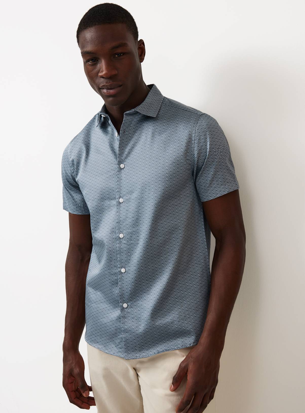 Blue Geometric Print Satin Short Sleeve Shirt XXXXL - Image 1