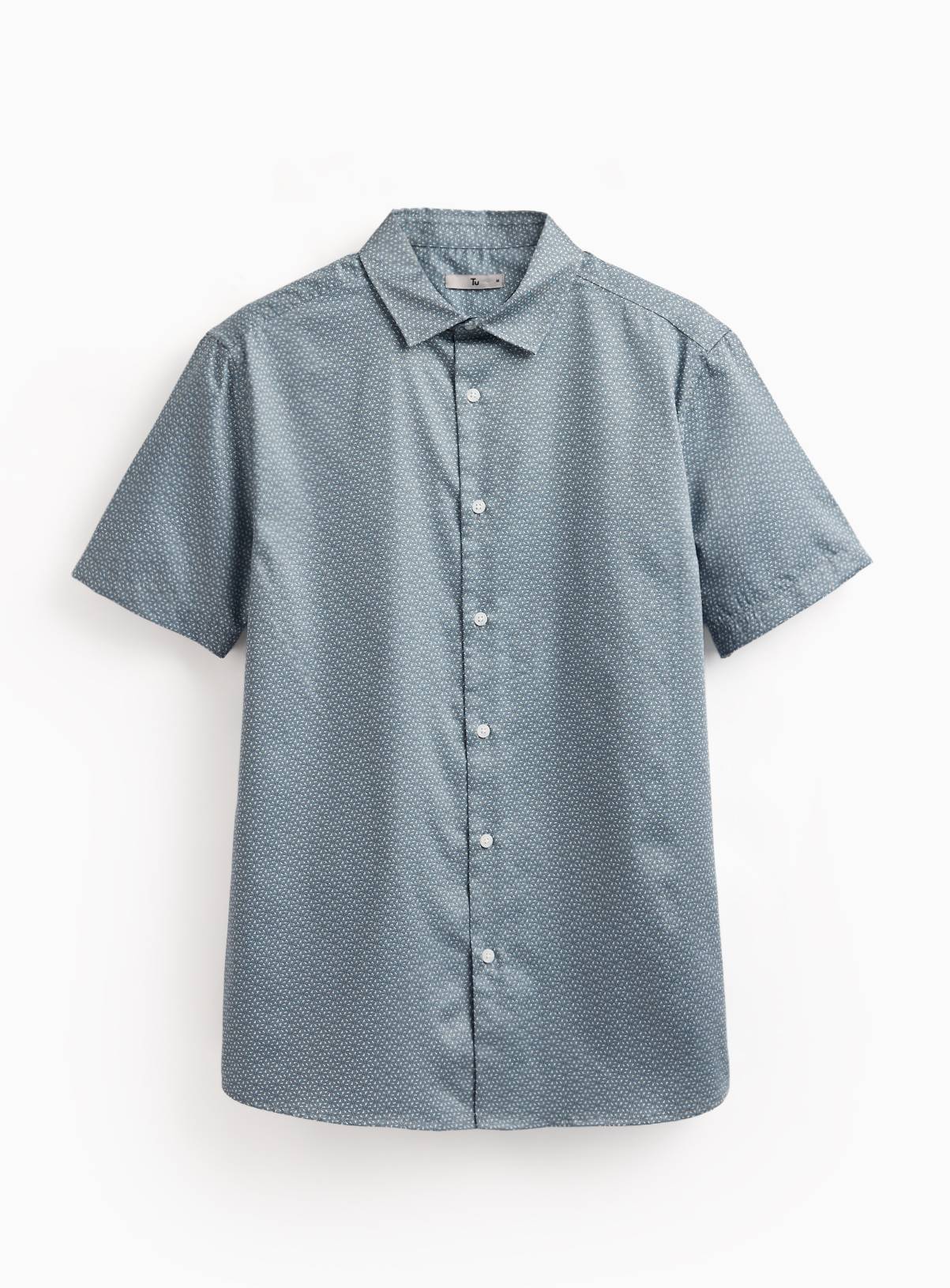 Blue Geometric Print Satin Short Sleeve Shirt XXXXL - Image 3