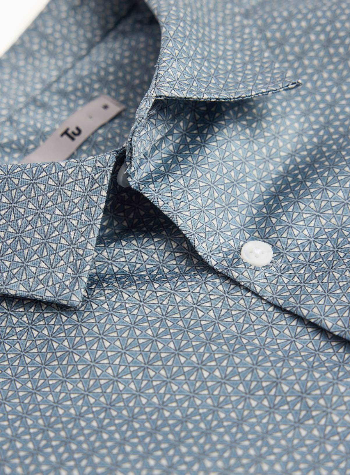 Blue Geometric Print Satin Short Sleeve Shirt XXXXL - Image 4