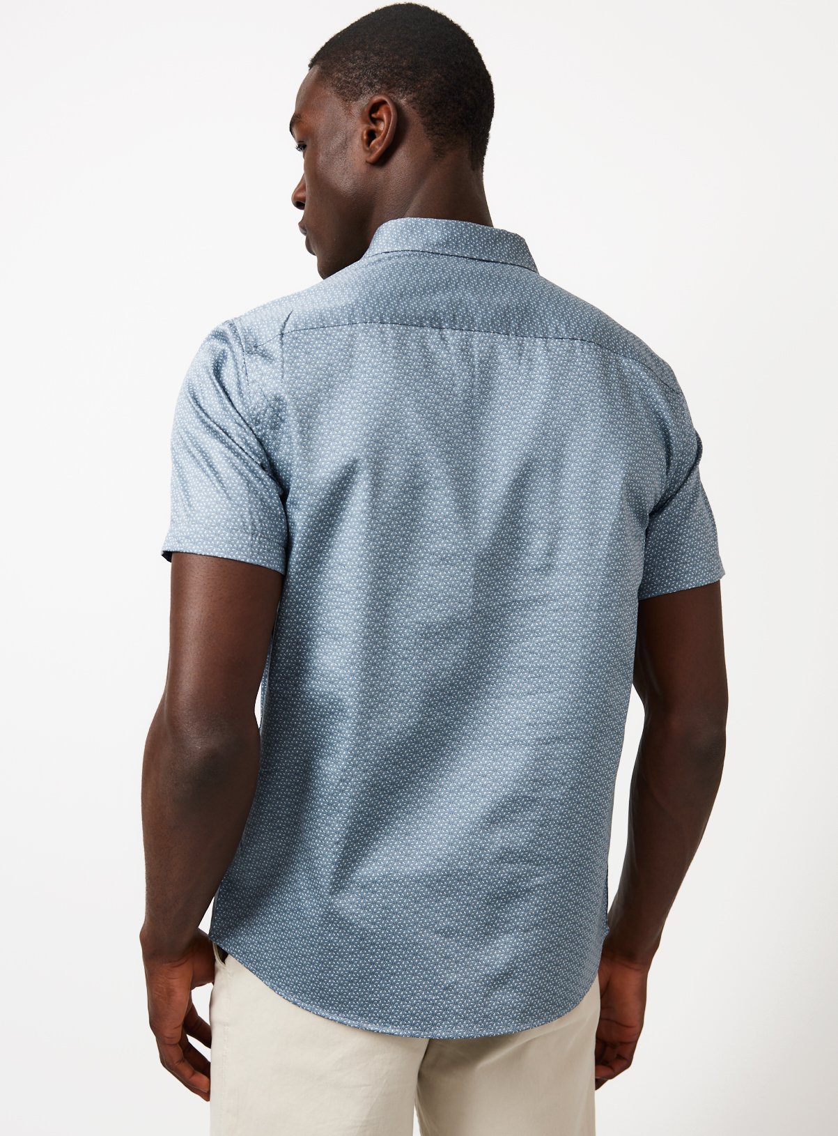 Blue Geometric Print Satin Short Sleeve Shirt XXXXL - Image 5 thumbnail