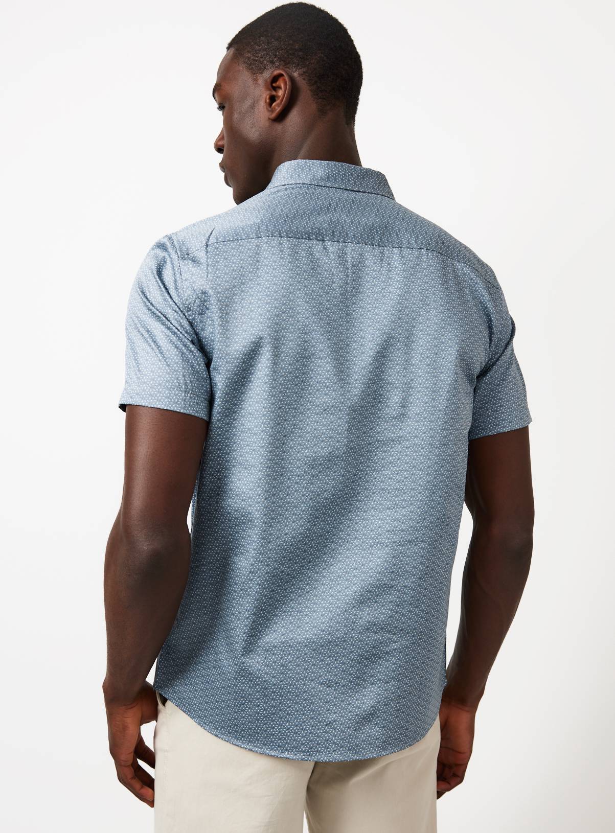 Blue Geometric Print Satin Short Sleeve Shirt XXXXL - Image 5